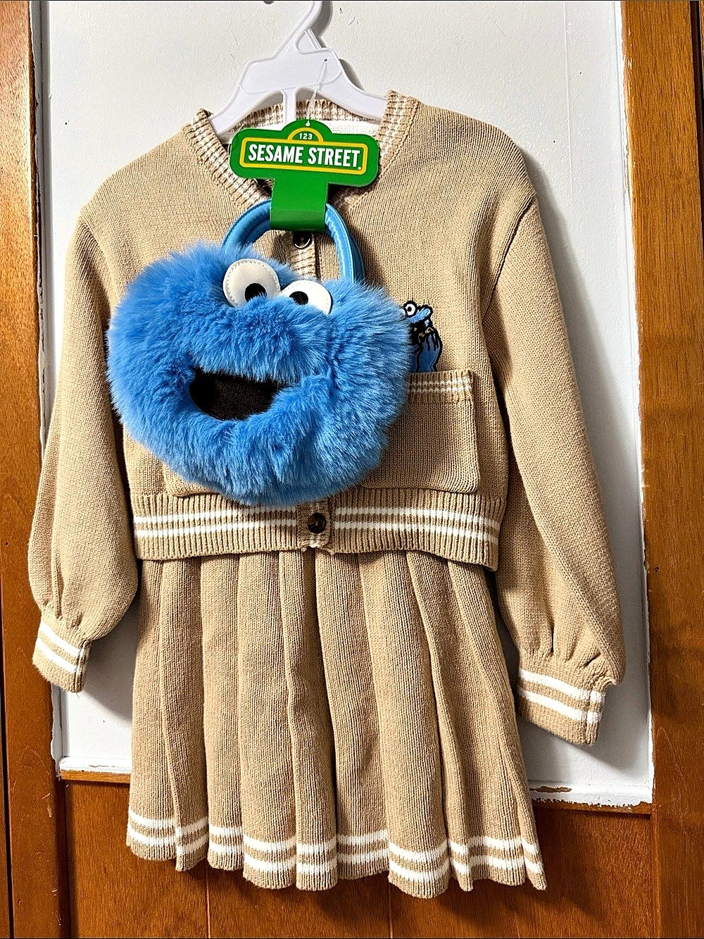Sesame Street Tan Knit Cardigan and Skirt Set with Blue Cookie Monster Bag